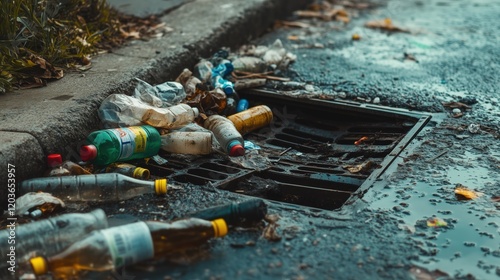 The storm drain is choked with discarded bottles and debris, its grid barely visible under the accumulated garbage.
