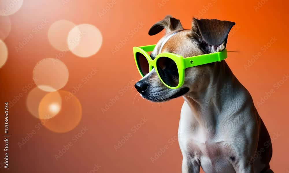 Cool dog in neon green sunglasses against orange background. Confidence, relaxation, and modern style concept