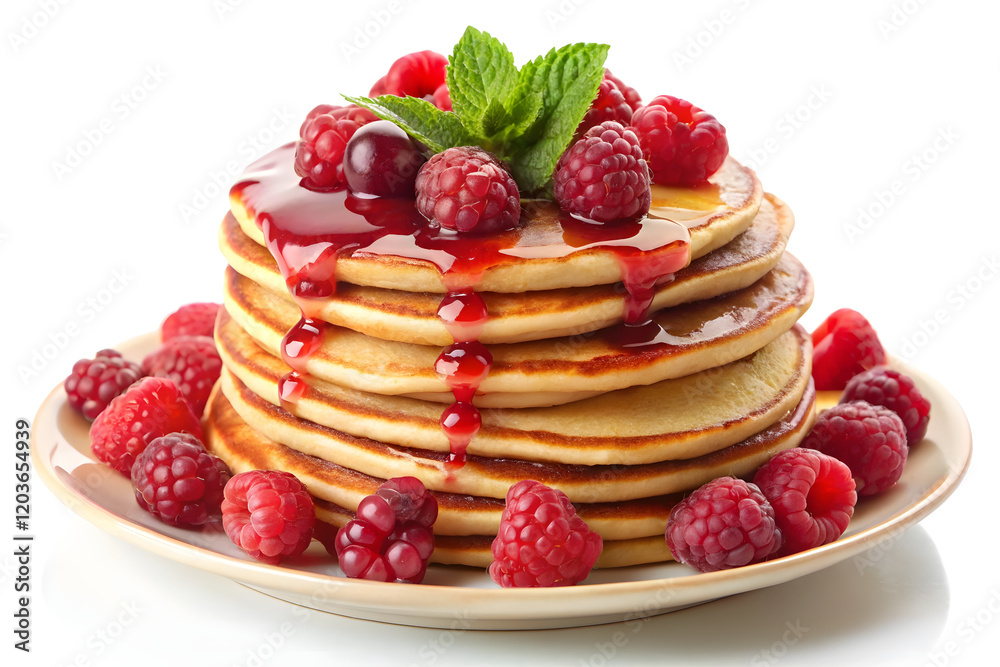 Pancakes stack with different berries and honey isolated Pancakes stack with different berries and honey isolated