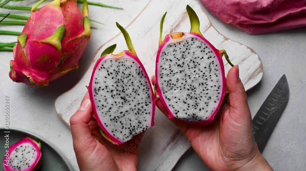 Dragon fruit closeup in a plate, exotic dragon fruit, top view