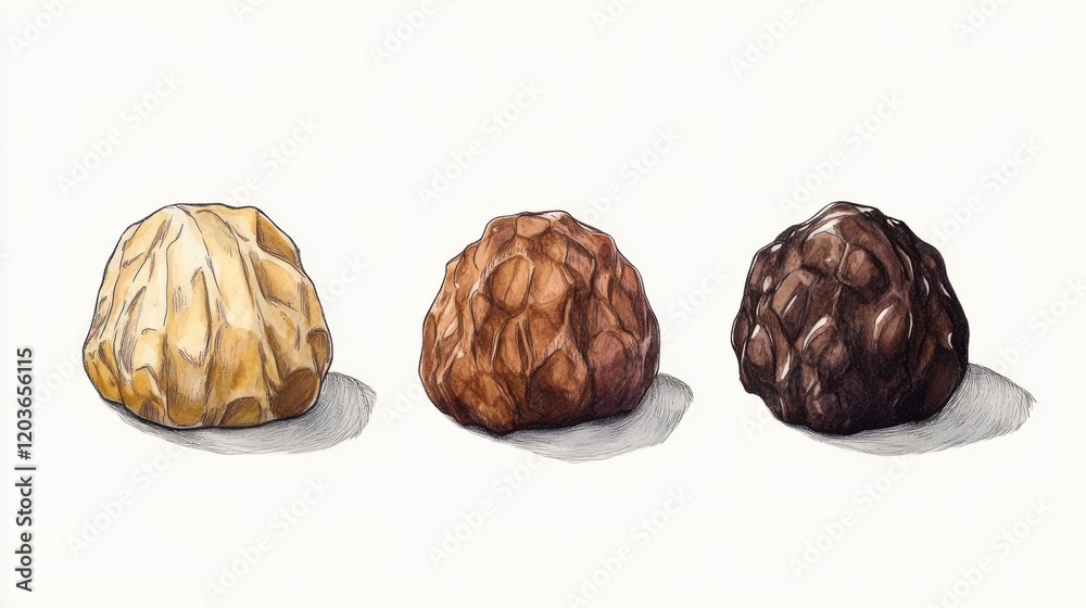 Three intricately detailed chocolate truffles in varying shades on a clean background Three intricately detailed chocolate truffles in varying shades on a clean background