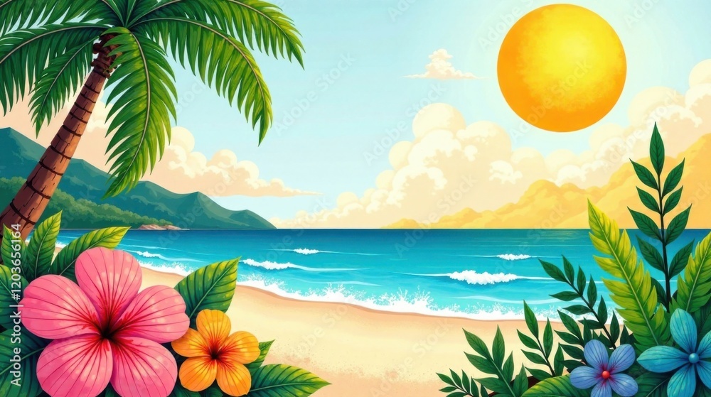 Serene Tropical Beach Scene with Vibrant Flowers and Palm Trees Under a Bright Sun Serene Tropical Beach Scene with Vibrant Flowers and Palm Trees Under a Bright Sun
