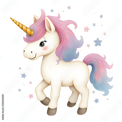 Watercolor illustration of a magical unicorn in soft pastel shades, with a golden horn and flowing mane.