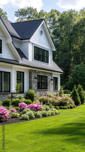 This modern cottage features a stone exterior, black windows, and a spacious front yard with vibrant green grass, embodying the farmhouse aesthetic near Lake Michigan.