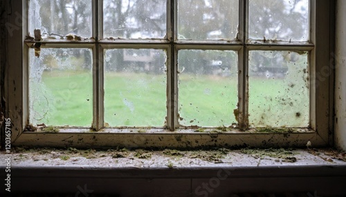 Dusty and dirty old window with moss, overlooking a blurred green landscape. photo