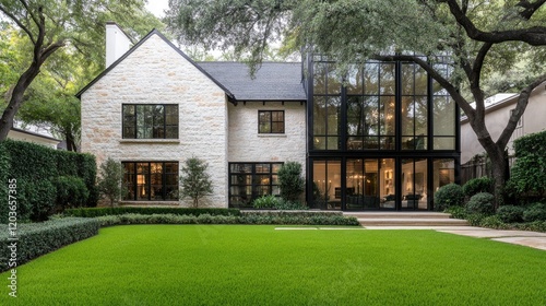 This modern cottage features a stone exterior, black windows, and a spacious front yard with vibrant green grass, embodying the farmhouse aesthetic near Lake Michigan