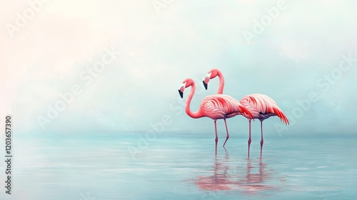 Pink flamingos on the ocean