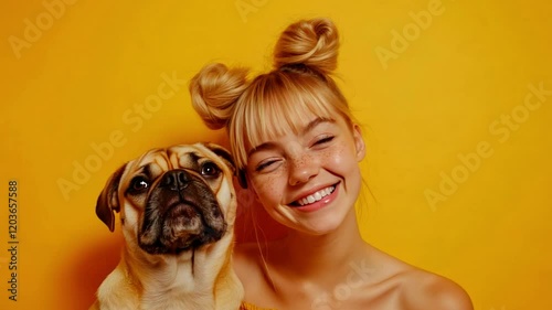 Footage of a cute blonde kissing her pug on a yellow background. Smiling blonde loves her dog very much. Footage for videos about pets, friendship, happy moments with animals. photo