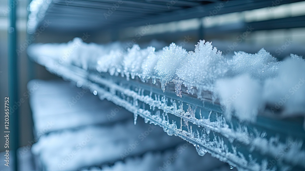 Frost-covered shelves inside a walk-in freezer. Frost-covered shelves inside a walk-in freezer.