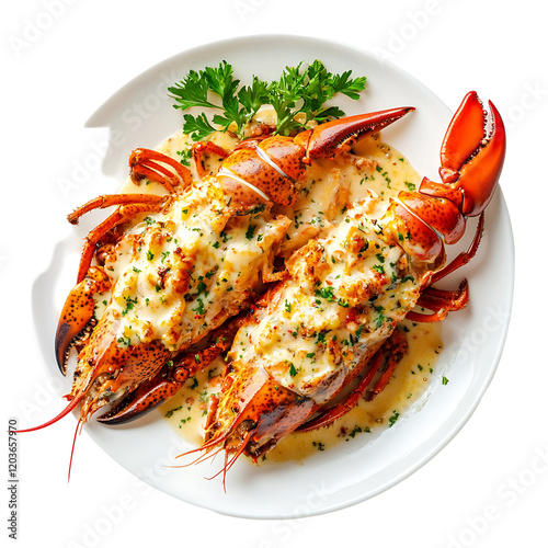 Creamy lobster thermidor on white plate. photo