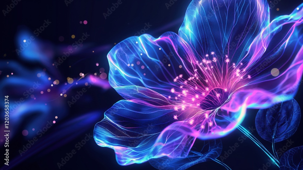 Obraz premium Digital neon flower. Futuristic wireframe glowing blossom on black background. Abstract cyber hologram of plant. Fantasy and technology blend in a stunning visual