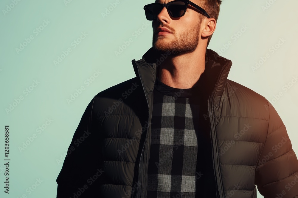 Fototapeta premium Fashionable young man in a puffer jacket and sunglasses posing against a light backdrop