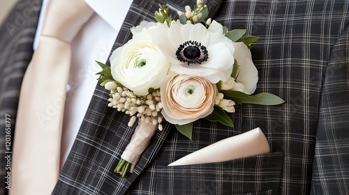 A delicate white ranunculus flower with leaves is elegantly attached to a black tuxedo lapel. This striking accessory enhances the formal attire at a special event photo