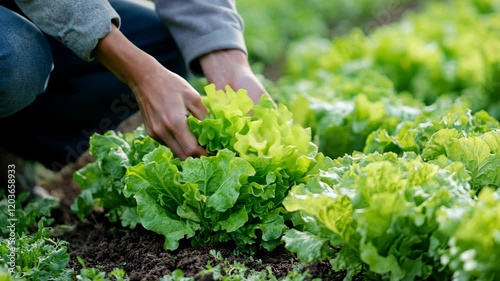 A farmer crouches, tending to a lettuce field. They are planting and watering the growing vegetables in a green farm garden, with a sunlit sky in the background. 