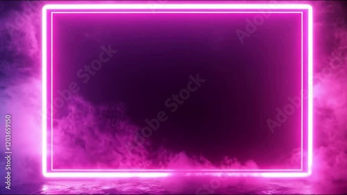 Footage A glowing rectangular frame with purple neon light surrounded by moving fog on a dark background. The camera moves towards the frame amidst drifting smoke. Ideal for cinematic  photo