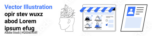 White silhouette head with blooming flowers, online shopping interface screen, and user profile page. Ideal for creativity, e-commerce, digital identity, personal branding, technology, online