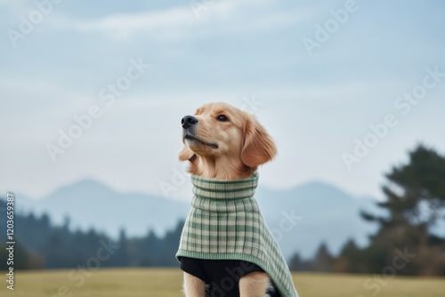 Golden retriever wearing a green sweater poses majestically in a scenic outdoor setting with mountains in the background photo