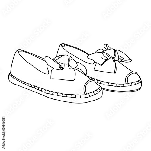 Women's Espadrille Wedge Sandal With Ribbon line art, Technical sketch hand drawing outline vector doodle isometric side 3D Isometric view isolated on white background for coloring page
