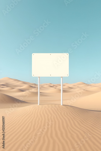 A blank billboard on the beach with an empty sign under a clear blue sky