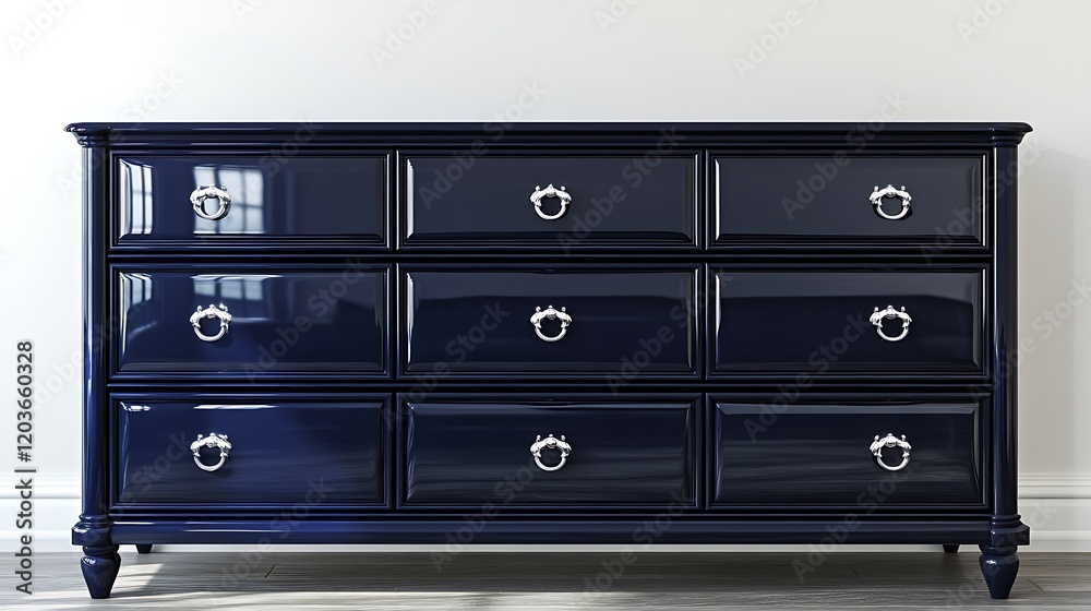 High gloss lacquered dresser in deep navy on room background High gloss lacquered dresser in deep navy on room background