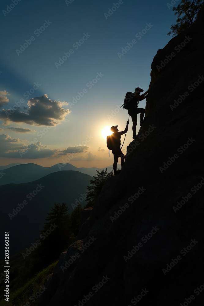 Two climbers climb the mountain at dawn tied by a rope. Concept of teamwork and help in difficulties. Two climbers climb the mountain at dawn tied by a rope. Concept of teamwork and help in difficulties.
