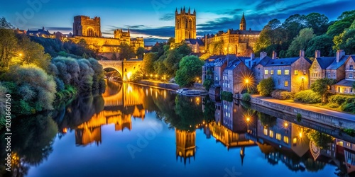 Durham Cathedral Night Photography, River Wear Panoramic View from Prebends Bridge photo