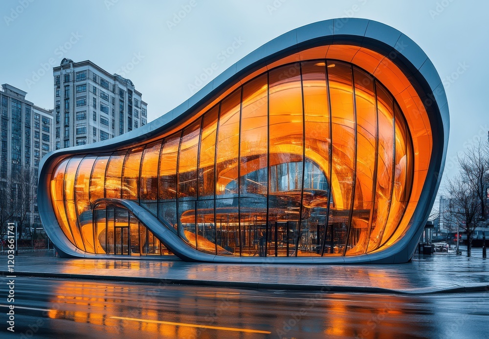 Futuristic Architectural Marvel with Curved Glass Facade Illuminated by Warm Orange Light Against a Mysterious Urban Landscape at Dusk Futuristic Architectural Marvel with Curved Glass Facade Illuminated by Warm Orange Light Against a Mysterious Urban Landscape at Dusk