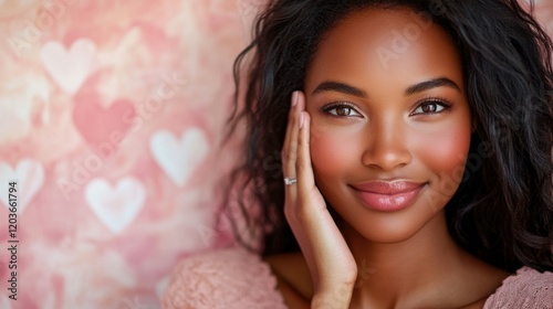 Close-up portrait of a supermodel woman, placing her hand on her cheek, smiling warmly, wearing a soft pink top, in a subtle heart-patterned studio backdrop--romantic couple, happy valentine theme