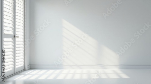 Serene Minimalist Room Interior with Sunlight Streaming Through White Shutters on a Door