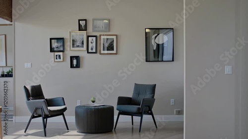 Living room with two chairs and framed pictures on the wall, designed using generative AI for a stylish and modern touch.