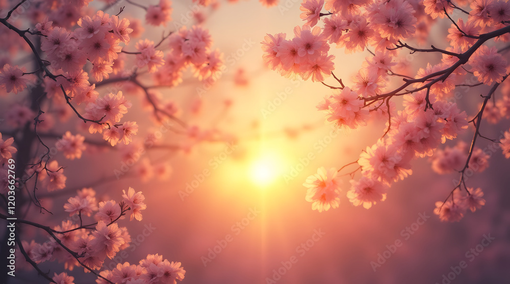 Magical sunset with blooming tree branches, soft pink flowers and shining golden rays of light. Magical sunset with blooming tree branches, soft pink flowers and shining golden rays of light.