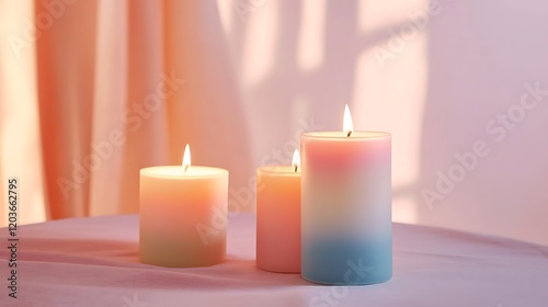 Layered candle in soft colors on room background