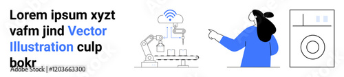 Person interacting with smart home device, robotic arm assembling products, washing machine. Ideal for technology, IoT, automation, AI, smart appliances, home automation, innovation themes. Banner