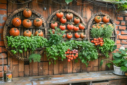 Hanging tomatoes and herbs growing in a vertical urban garden photo