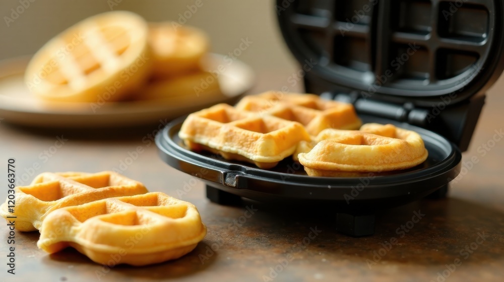 Golden Brown Waffles Freshly Made in a Waffle Iron on a Rustic Surface Golden Brown Waffles Freshly Made in a Waffle Iron on a Rustic Surface