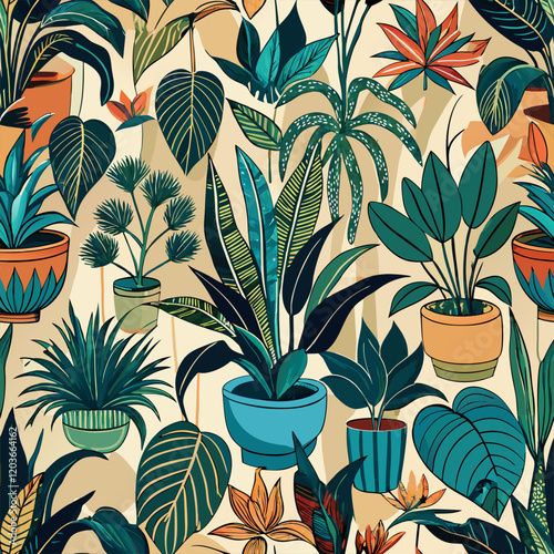 Beautiful houseplants in stylish pots seamless pattern vector design.