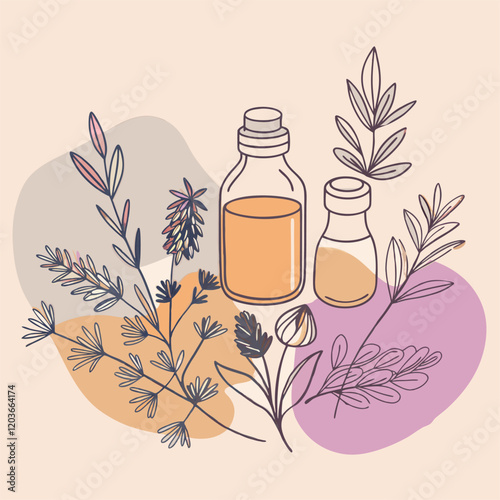 Botanical Illustration Featuring Bottles and Various Plants.