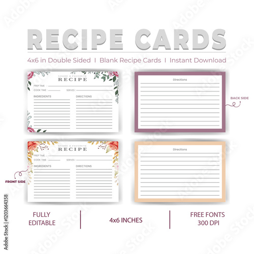 Elegant 4x6 Double Side Recipe Card Templates Collection 72 Blank Wedding & Bridal Shower Printables in EPS Format, Download Now Free