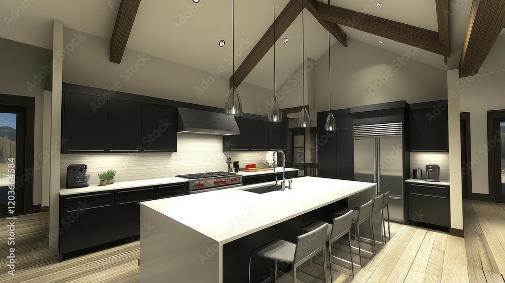 A minimalist kitchen with matte black cabinets, a white quartz countertop, and pendant lights hanging over a large island. A minimalist kitchen with matte black cabinets, a white quartz countertop, and pendant lights hanging over a large island.