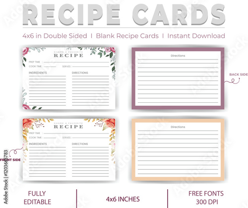 72 Editable Double-Sided Recipe Cards for Bridal Shower & Wedding Keepsakes 4x6 Inch EPS Format, Instant Printable & Free Download