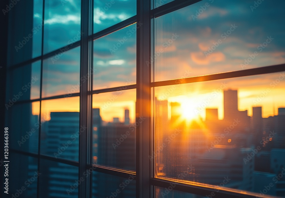 Fototapeta premium Sunrise Reflection Through Window Pane Overlooking City Skyline with Clouds and Warm Colors, Capturing Tranquility and Urban Morning Vibes in Metropolis
