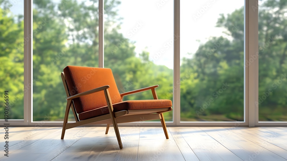 Mid-century lounge chair with teak frame on window background Mid-century lounge chair with teak frame on window background