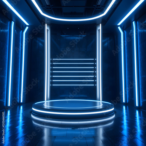 Podium show case for product with neon blue light reflect in black.