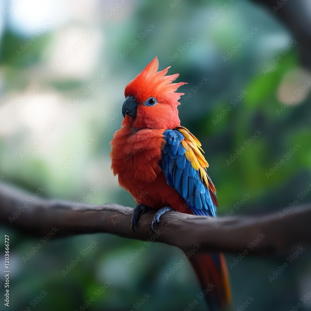 Obraz premium Colorful bird perched on a branch in a natural setting surrounded by greenery and vibrant foliage