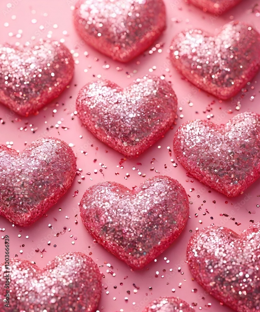 Obraz premium Romantic heart-shaped candies sprinkled with sequins framed with pink background for Valentine's Day