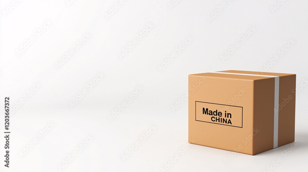 Fototapeta premium .isolate on white backgroundA minimalist design showing a parcel box with Made in China label, placed neatly on a white background. 