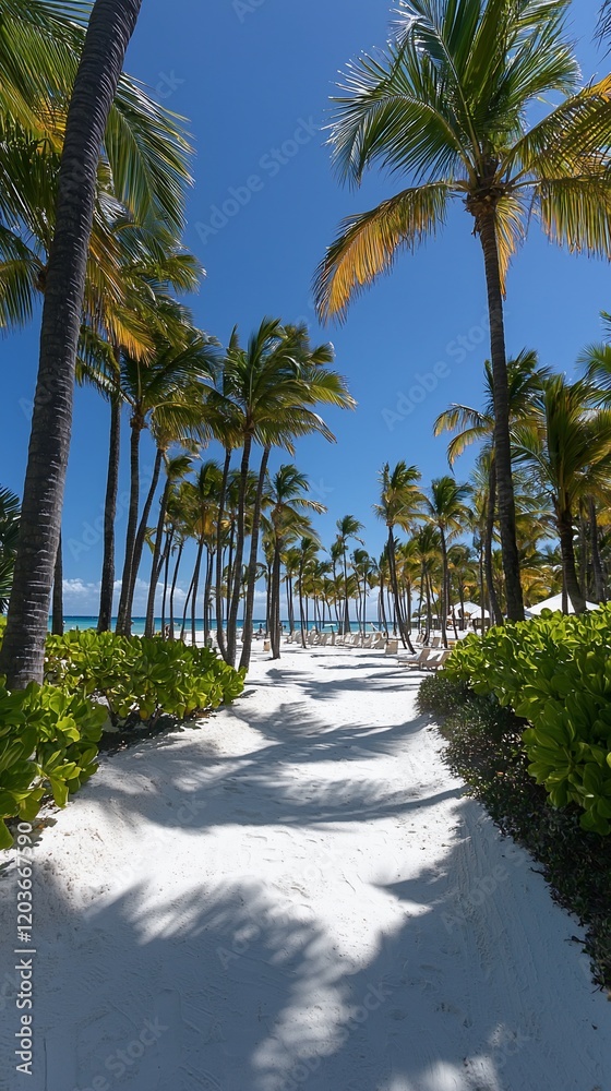 Idyllic path through palm trees leading to a white sand beach under a vibrant blue sky. Idyllic path through palm trees leading to a white sand beach under a vibrant blue sky.