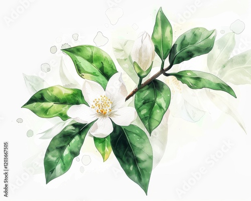 Tea leaves with flower watercolor illustration isolated on white background