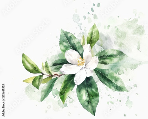 Tea leaves with flower watercolor illustration isolated on white background