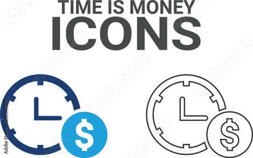 Time is a money icon. Timer, alarm, schedule, hourglass, clock icons. Solid icon collection.